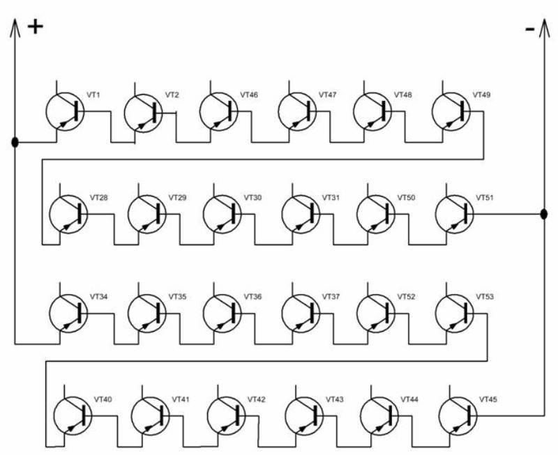 Транзистор параллельно. Солнечная батарея из транзисторов схема. Параллельное соединение биполярных транзисторов. Схемы на транзисторах мп42. Солнечная батарея из транзисторов мп42.